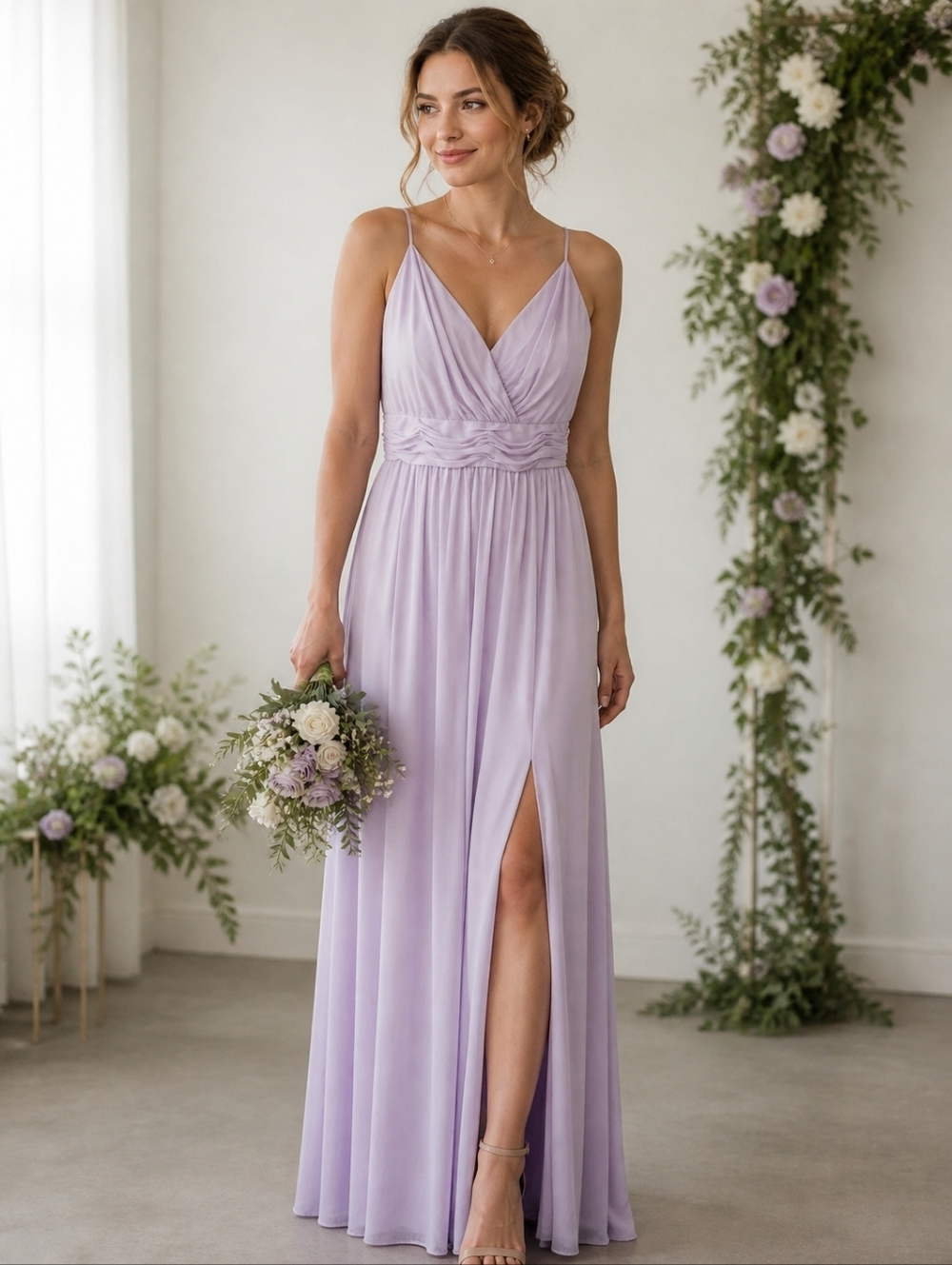 NWT David's Bridal Lavender Chiffon Maxi Dress Size 10 V Neck Mesh